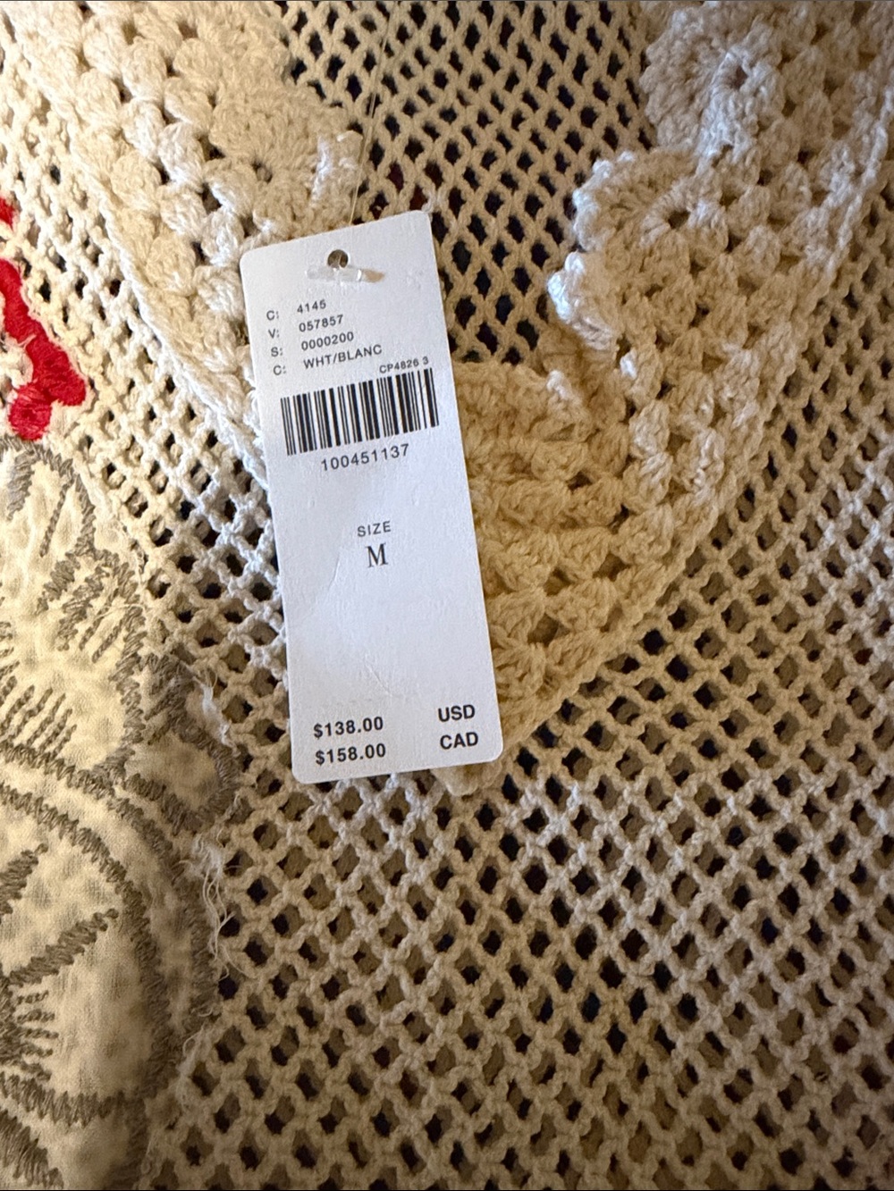 Anthropologie Cream Crochet Mesh Swim Coverup with Red and Yellow Embroidery - Picture 9 of 10